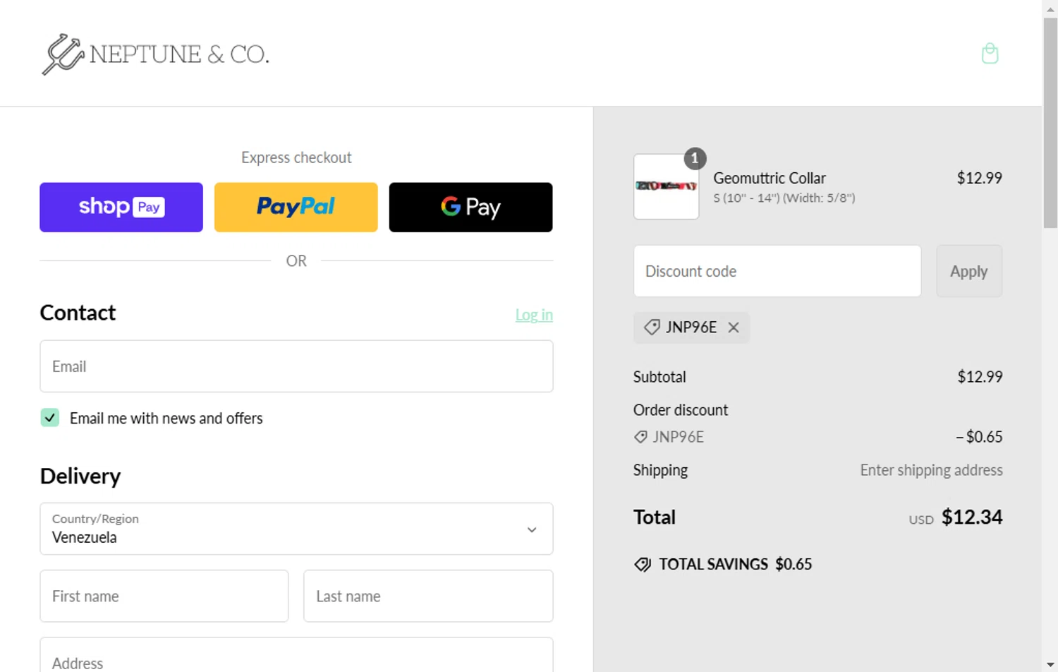 Neptune & Co promo code screenshot showing code JNP96E applied at Neptune & Co checkout page. Uploaded by SimplyCodes community member GoldPhoenix3793 on Feb 22, 2025