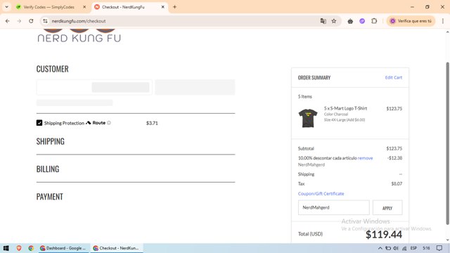 Nerd Kung Fu checkout page showing Nerd Kung Fu promo code box | Screenshot taken by SimplyCodes community member on May 23, 2025
