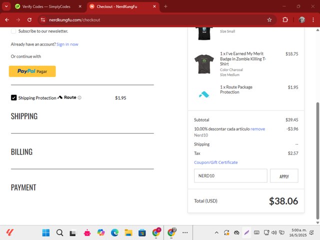 Nerd Kung Fu checkout page showing Nerd Kung Fu promo code box | Screenshot taken by SimplyCodes community member on May 16, 2025