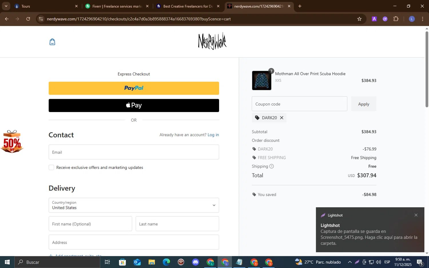 Nerdywave checkout page showing Nerdywave coupon code box | Screenshot taken by SimplyCodes community member on Dec 11, 2025