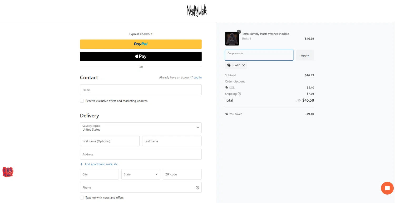 Nerdywave coupon code screenshot showing code ZOE20 applied at Nerdywave checkout page. Uploaded by SimplyCodes community member JAKEELDOG on Dec 11, 2025