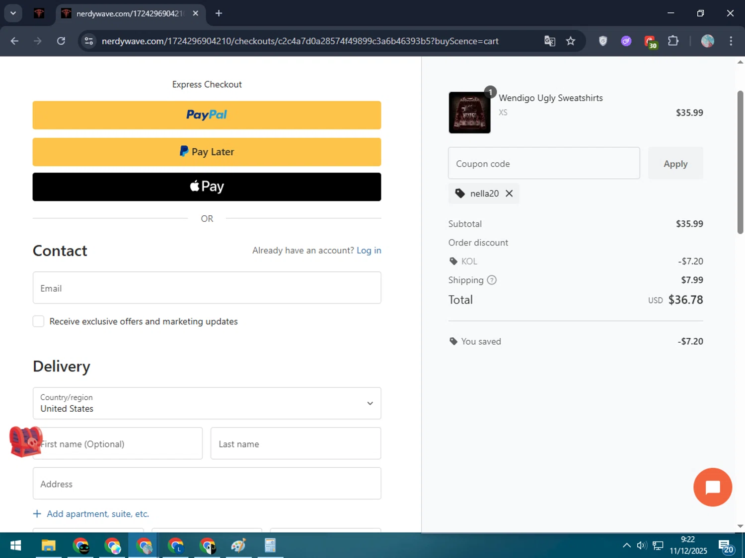 Nerdywave coupon code screenshot showing code NELLA20 applied at Nerdywave checkout page. Uploaded by SimplyCodes community member LegendaryLegend5536 on Dec 11, 2025