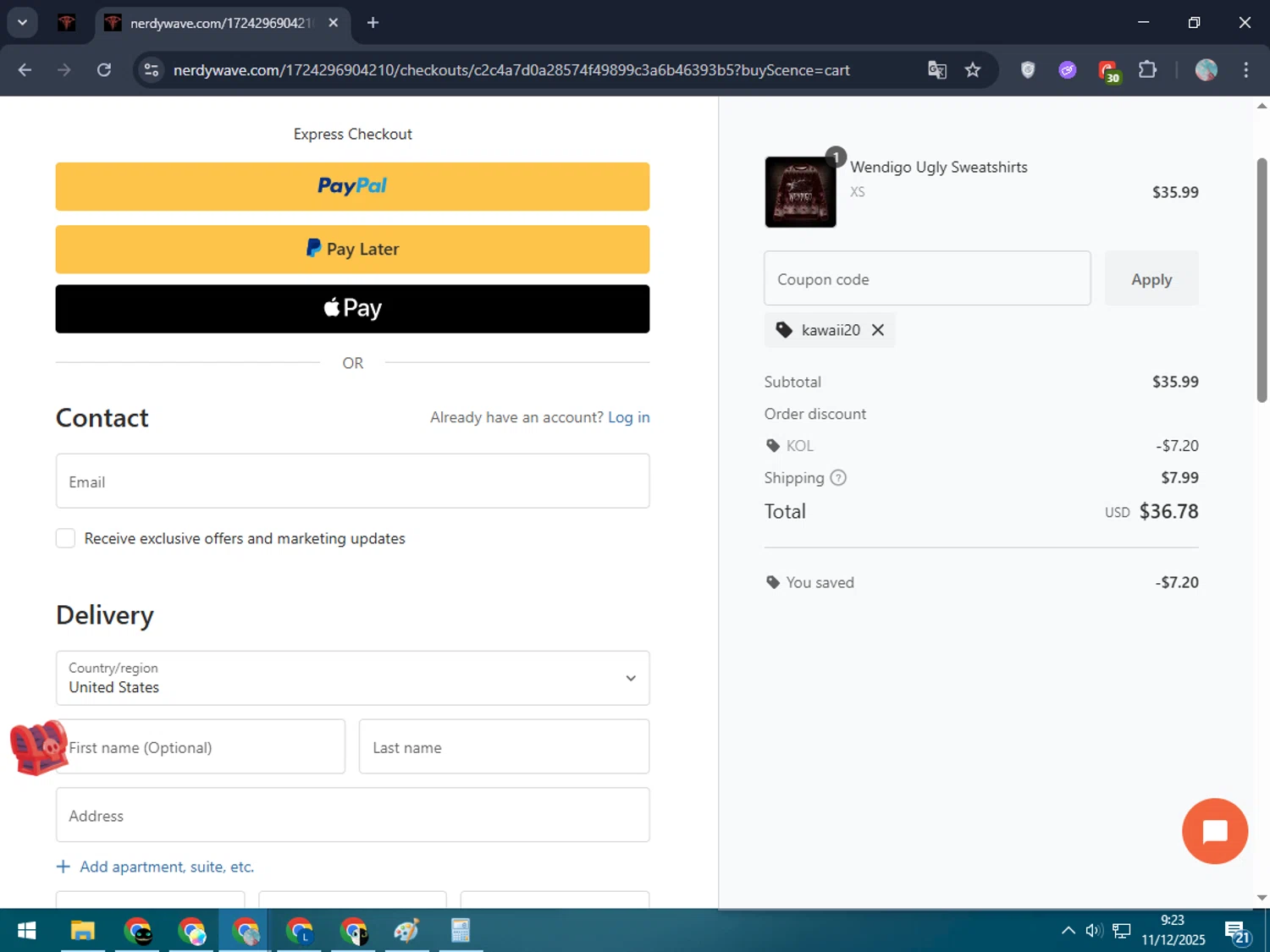 Nerdywave coupon code screenshot showing code kawaii20 applied at Nerdywave checkout page. Uploaded by SimplyCodes community member LegendaryLegend5536 on Dec 11, 2025
