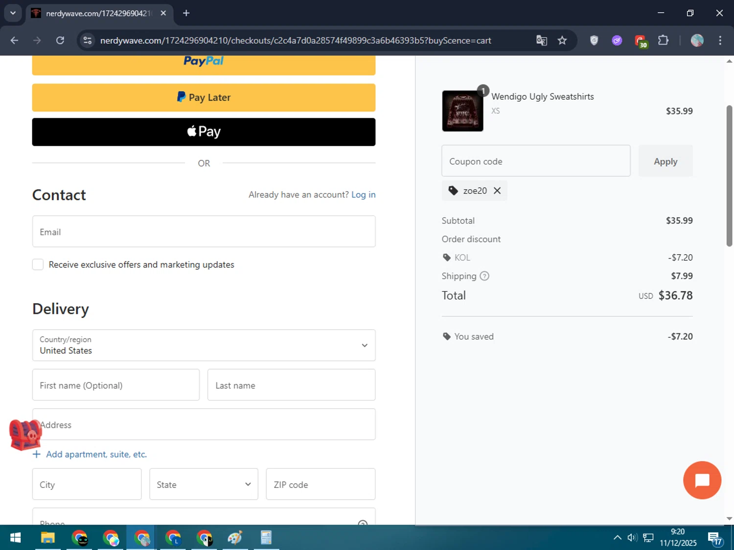 Nerdywave coupon code screenshot showing code ZOE20 applied at Nerdywave checkout page. Uploaded by SimplyCodes community member LegendaryLegend5536 on Dec 11, 2025