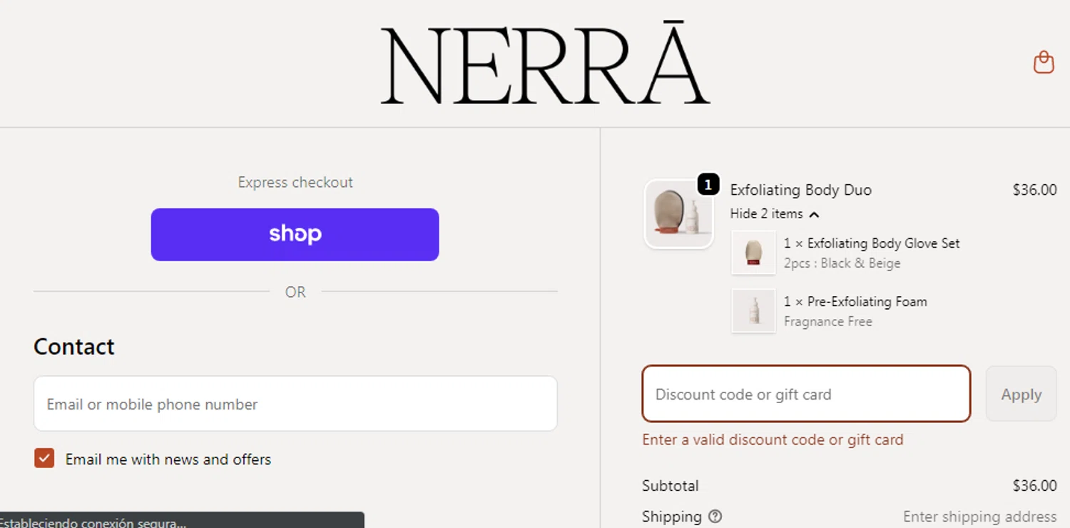NERRĀ promo code screenshot showing code TNK10 applied at NERRĀ checkout page. Uploaded by SimplyCodes community member veronicaarias on Nov 24, 2025