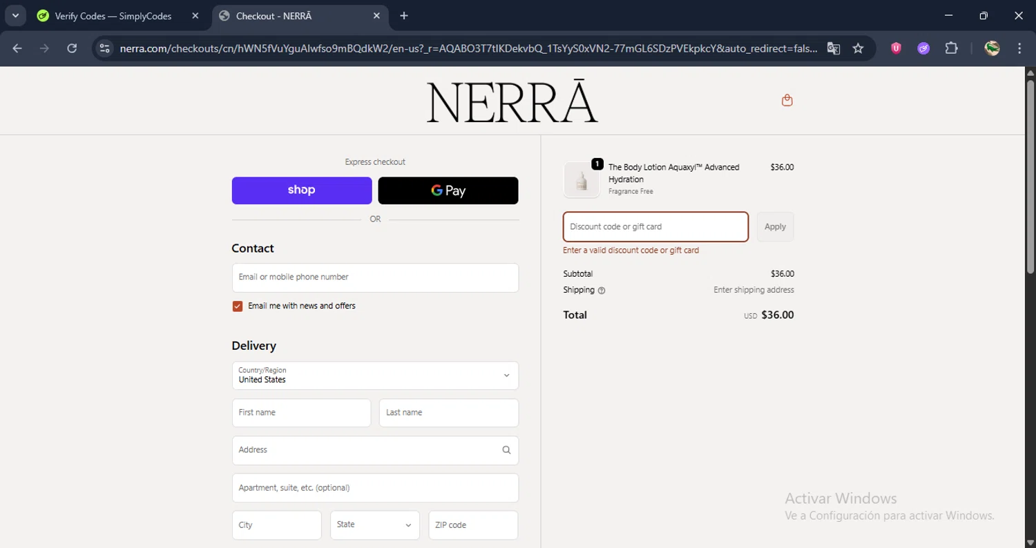 NERRĀ promo code screenshot showing code HOLIDAY25 applied at NERRĀ checkout page. Uploaded by SimplyCodes community member RewardDefender7173 on Nov 24, 2025