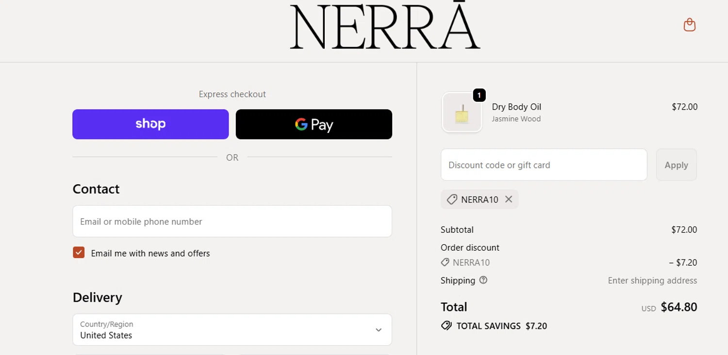 NERRĀ promo code screenshot showing code NERRA10 applied at NERRĀ checkout page. Uploaded by SimplyCodes community member jesspea on Dec 4, 2025