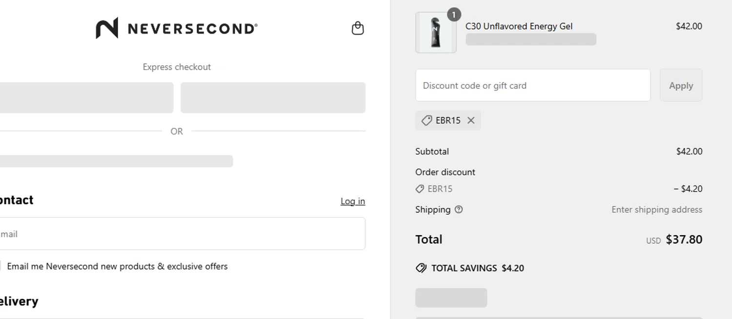 NEVERSECOND discount code screenshot showing code EBR15 applied at NEVERSECOND checkout page. Uploaded by SimplyCodes community member CouponLion324 on Jun 19, 2025