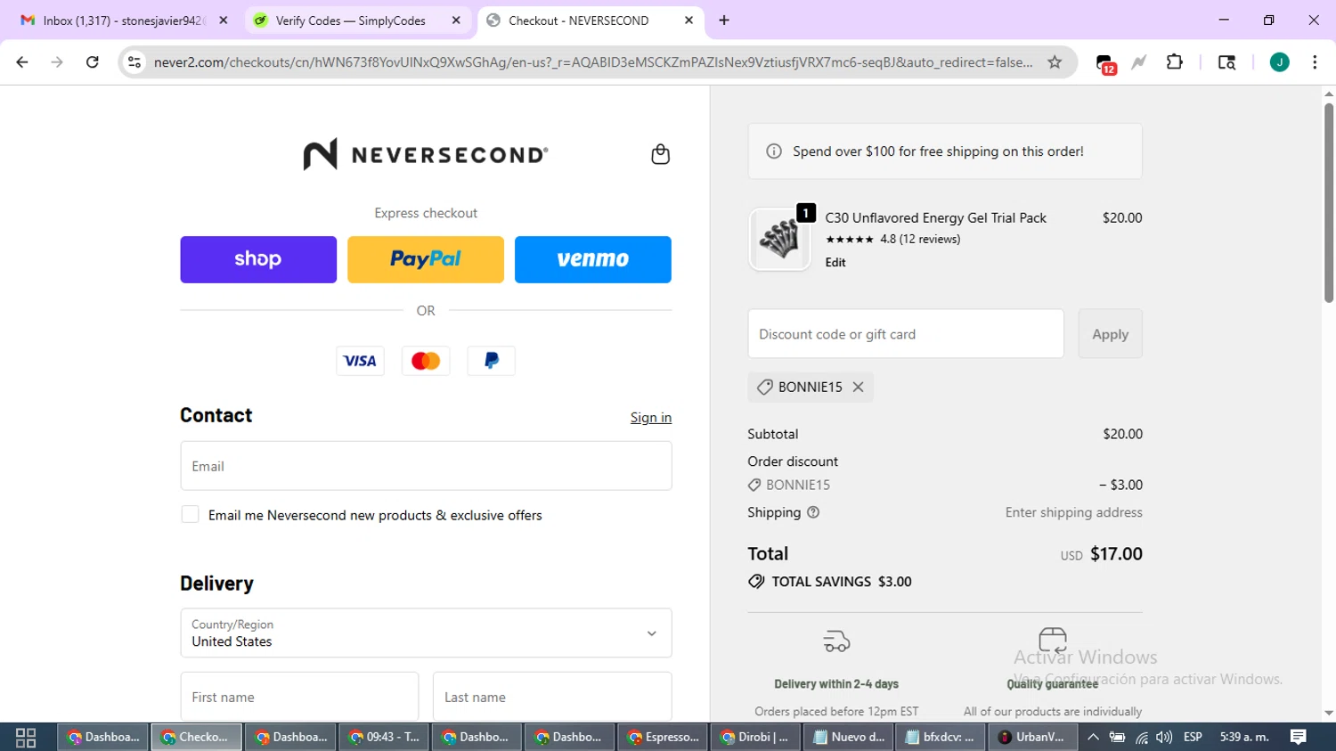 NEVERSECOND discount code screenshot showing code BONNIE15 applied at NEVERSECOND checkout page. Uploaded by SimplyCodes community member SavvyCurator1770 on Dec 6, 2025