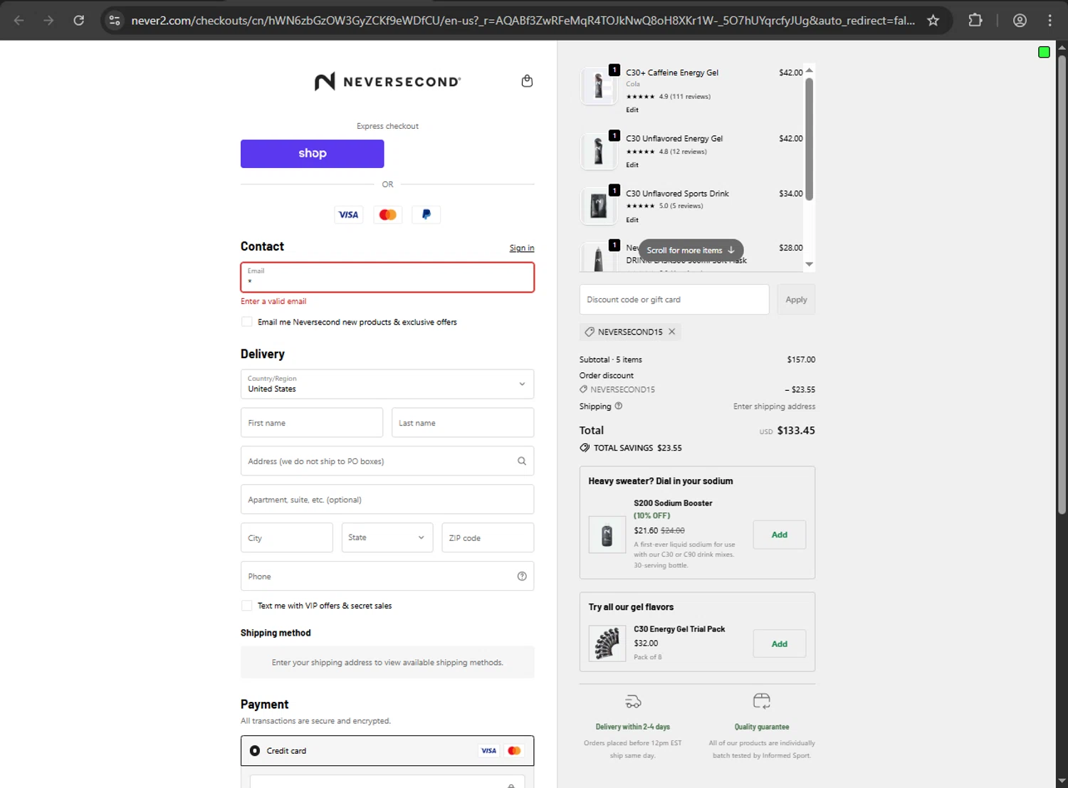 NEVERSECOND discount code screenshot showing code NEVERSECOND15 applied at NEVERSECOND checkout page. Uploaded by SimplyCodes community member webiwabo on Dec 29, 2025