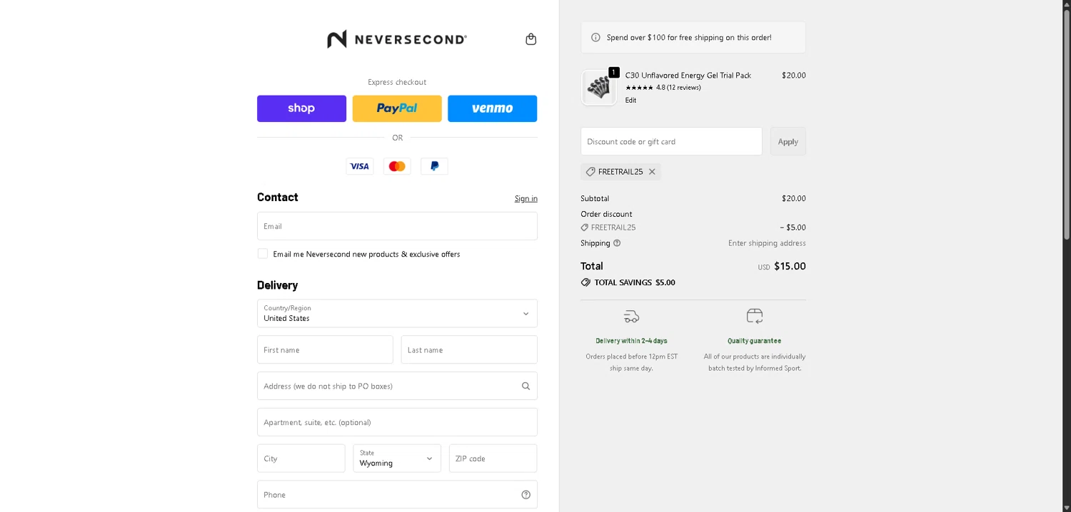 NEVERSECOND discount code screenshot showing code FREETRAIL25 applied at NEVERSECOND checkout page. Uploaded by SimplyCodes community member DealHunter6996 on Dec 29, 2025