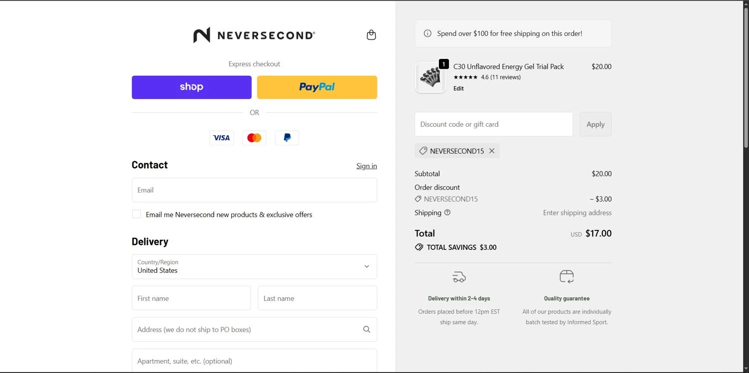 NEVERSECOND discount code screenshot showing code NEVERSECOND15 applied at NEVERSECOND checkout page. Uploaded by SimplyCodes community member Depressive on Oct 20, 2025
