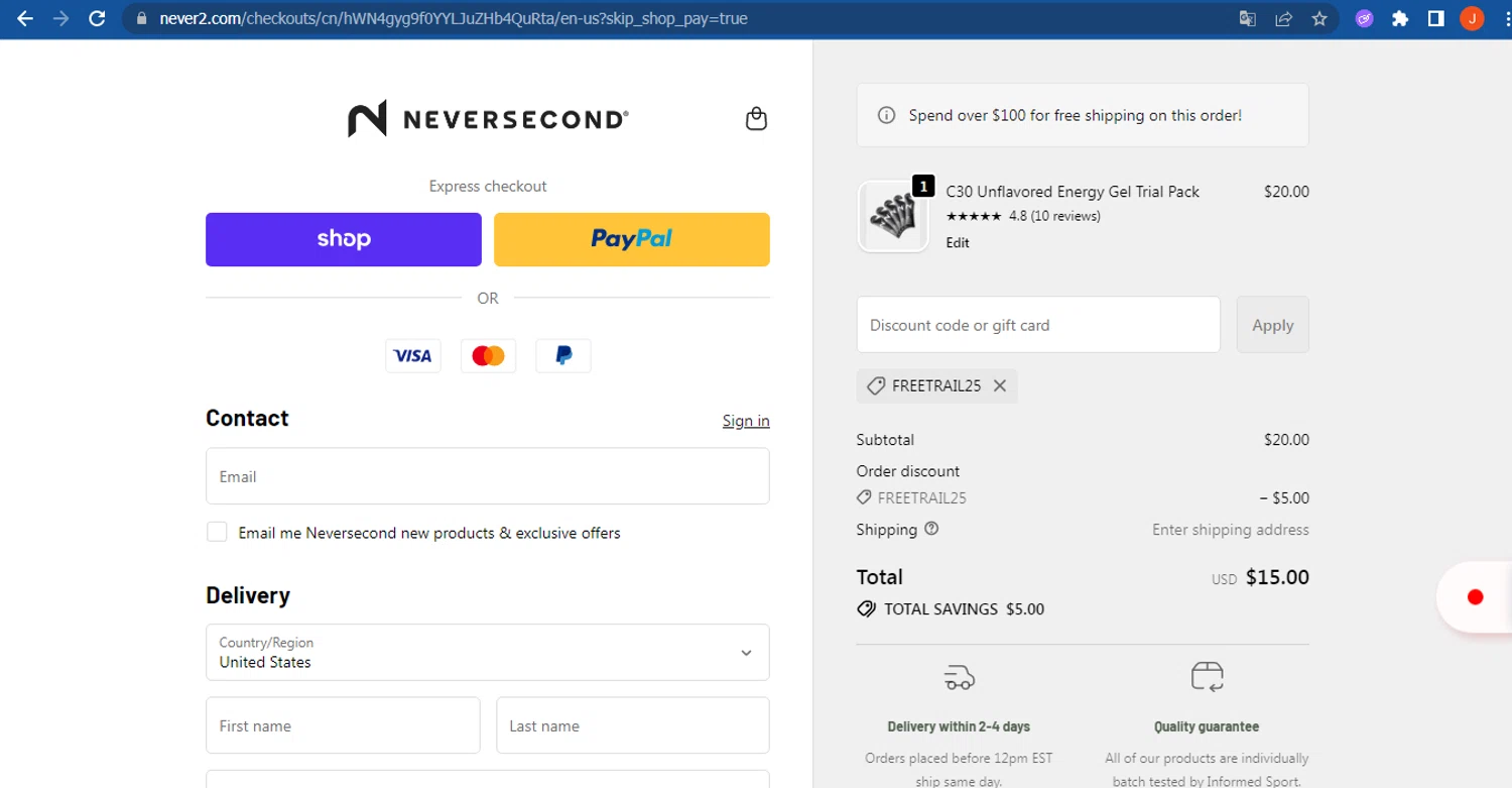 NEVERSECOND discount code screenshot showing code FREETRAIL25 applied at NEVERSECOND checkout page. Uploaded by SimplyCodes community member FranquizJoel on Oct 29, 2025