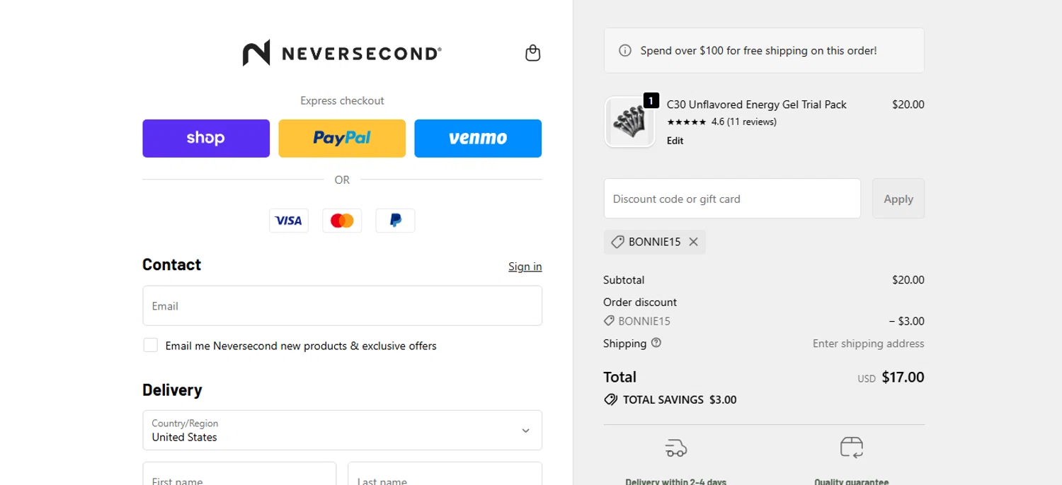 NEVERSECOND discount code screenshot showing code BONNIE15 applied at NEVERSECOND checkout page. Uploaded by SimplyCodes community member shark12 on Oct 15, 2025