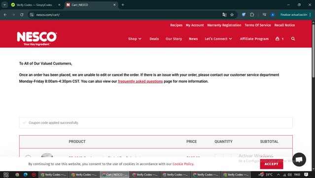 Nesco checkout page showing Nesco coupon code box | Screenshot taken by SimplyCodes community member on May 30, 2025