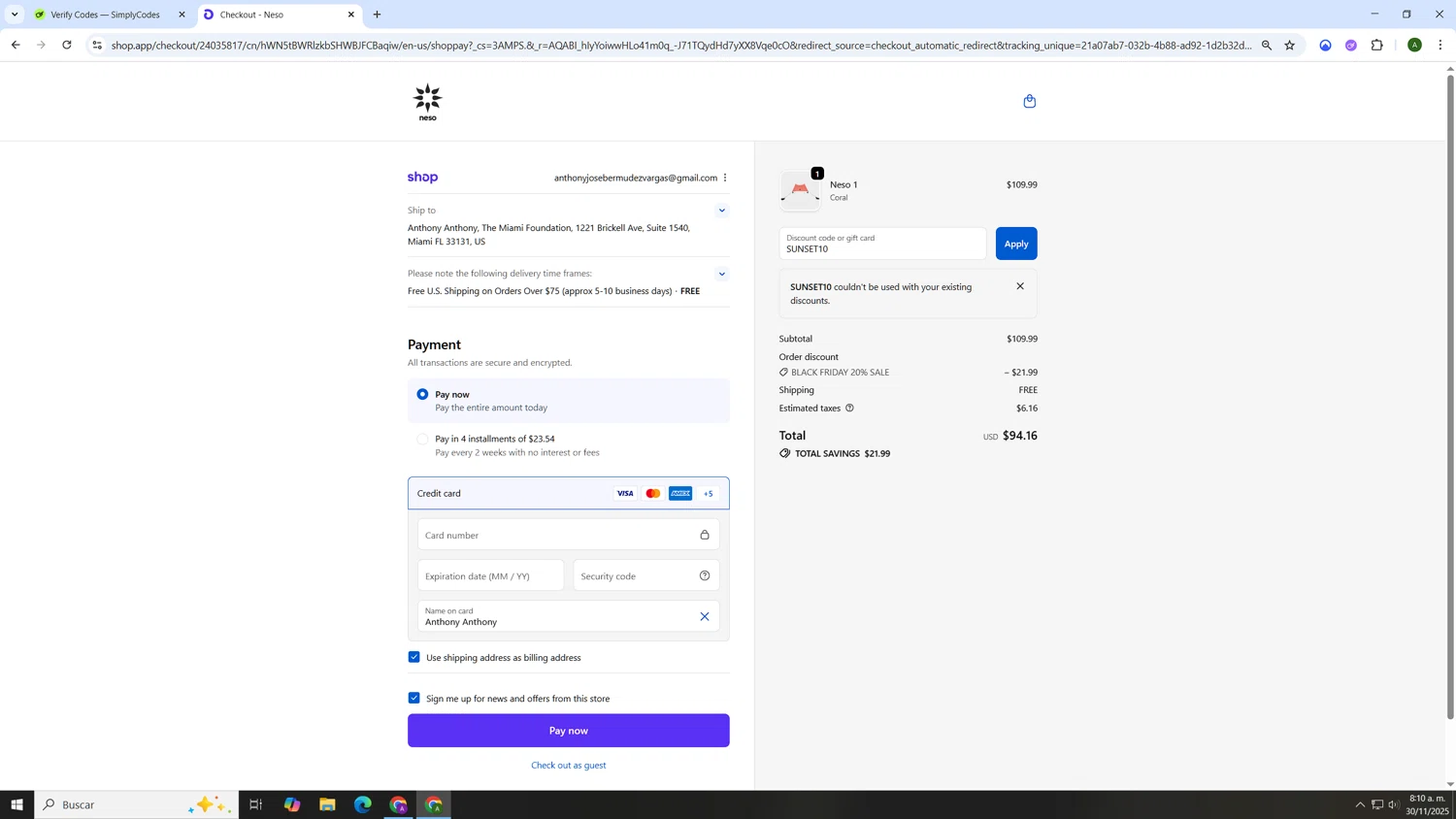 Neso discount code screenshot showing code SUNSET10 applied at Neso checkout page. Uploaded by SimplyCodes community member AnthonyGTX on Nov 30, 2025