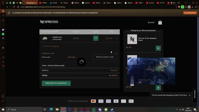 Nespresso checkout page showing Nespresso promo code box | Screenshot taken by SimplyCodes community member on Aug 28, 2025