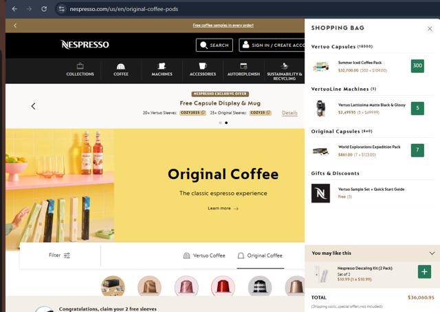 Nespresso checkout page showing Nespresso promo code box | Screenshot taken by SimplyCodes community member on Sep 10, 2025