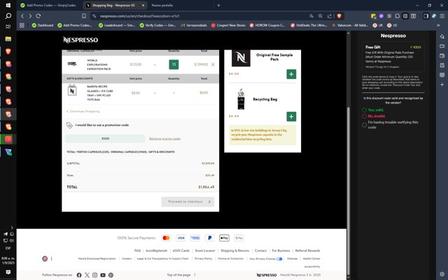 Nespresso checkout page showing Nespresso promo code box | Screenshot taken by SimplyCodes community member on Sep 1, 2025