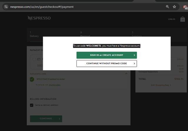 Nespresso checkout page showing Nespresso promo code box | Screenshot taken by SimplyCodes community member on Aug 25, 2025