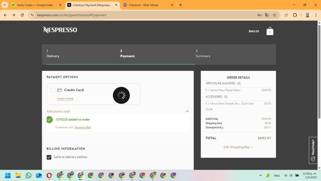 Nespresso checkout page showing Nespresso promo code box | Screenshot taken by SimplyCodes community member on Sep 1, 2025