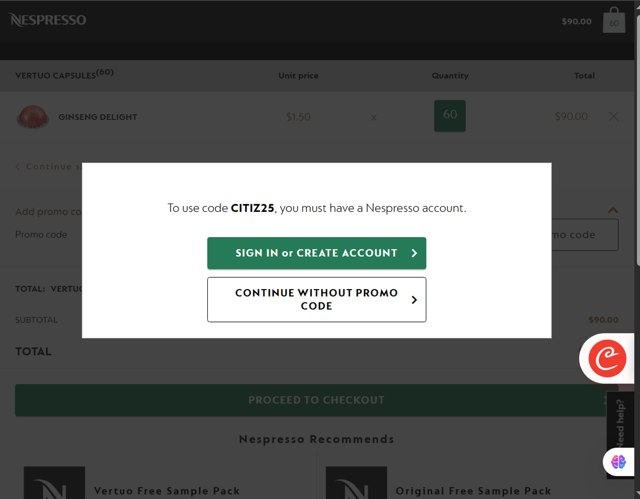Nespresso checkout page showing Nespresso promo code box | Screenshot taken by SimplyCodes community member on Aug 26, 2025
