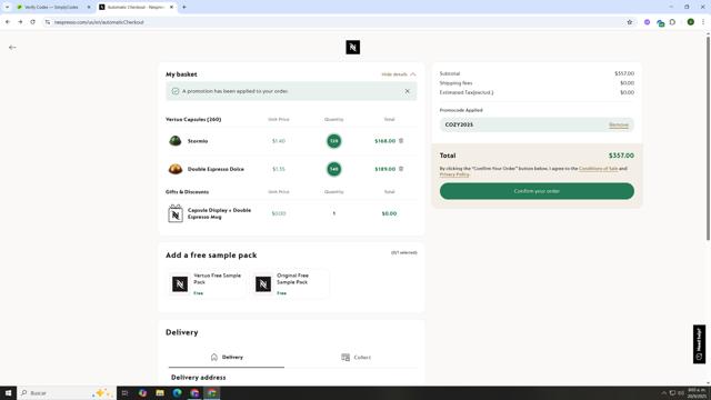 Nespresso checkout page showing Nespresso promo code box | Screenshot taken by SimplyCodes community member on Sep 20, 2025