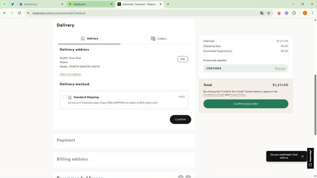 Nespresso checkout page showing Nespresso promo code box | Screenshot taken by SimplyCodes community member on Sep 25, 2025