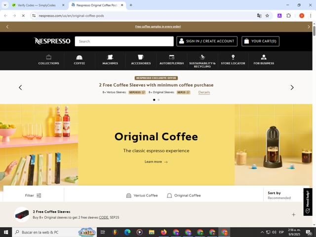Nespresso checkout page showing Nespresso promo code box | Screenshot taken by SimplyCodes community member on Sep 9, 2025