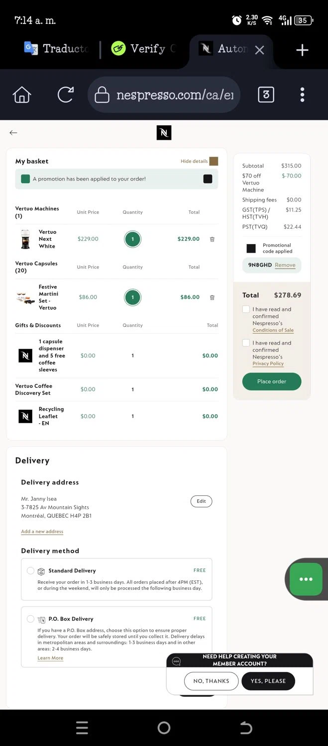 Nespresso promo code screenshot showing code 9N8GHD applied at Nespresso checkout page. Uploaded by SimplyCodes community member JannyiseaN on Nov 24, 2025