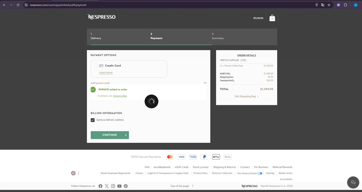 Nespresso promo code screenshot showing code 9N8GHD applied at Nespresso checkout page. Uploaded by SimplyCodes community member LuckyDefender4135 on Jan 10, 2026