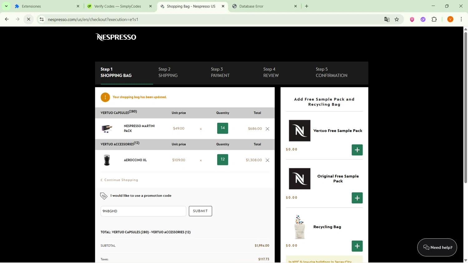 Nespresso promo code screenshot showing code 9N8GHD applied at Nespresso checkout page. Uploaded by SimplyCodes community member MightyPro2893 on Jan 21, 2026