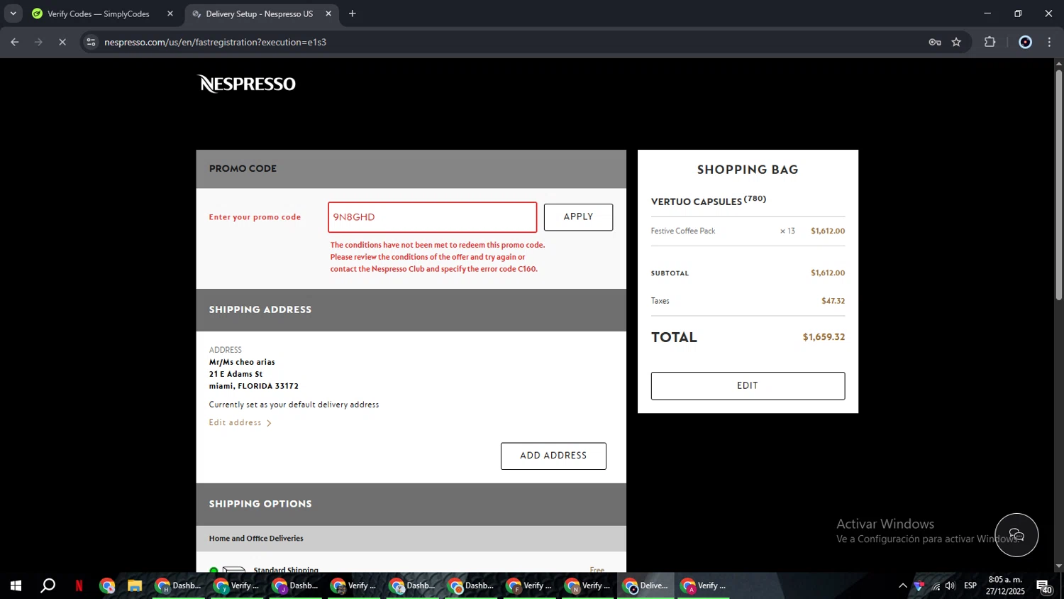 Nespresso promo code screenshot showing code 9N8GHD applied at Nespresso checkout page. Uploaded by SimplyCodes community member RoyalBoss4384 on Dec 27, 2025