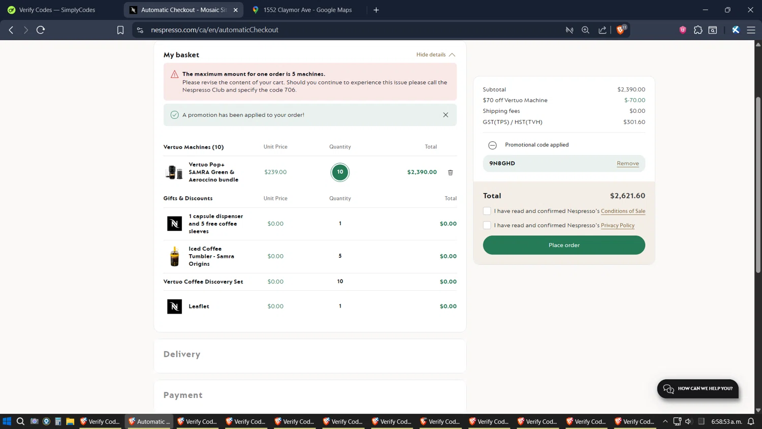 Nespresso promo code screenshot showing code 9N8GHD applied at Nespresso checkout page. Uploaded by SimplyCodes community member verifier_983798000 on Dec 5, 2025