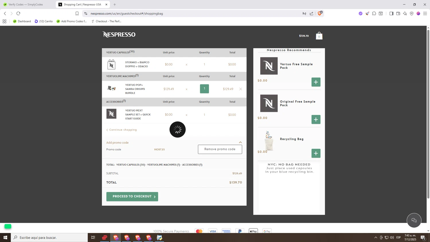 Nespresso checkout page showing Nespresso promo code box | Screenshot taken by SimplyCodes community member on Dec 7, 2025