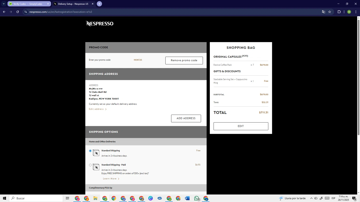 Nespresso checkout page showing Nespresso promo code box | Screenshot taken by SimplyCodes community member on Nov 26, 2025
