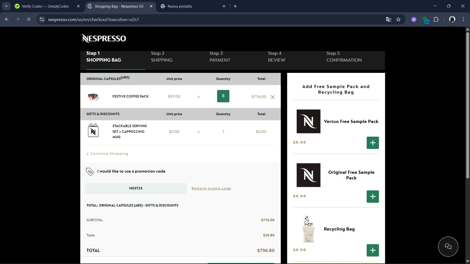 Nespresso checkout page showing Nespresso promo code box | Screenshot taken by SimplyCodes community member on Dec 29, 2025