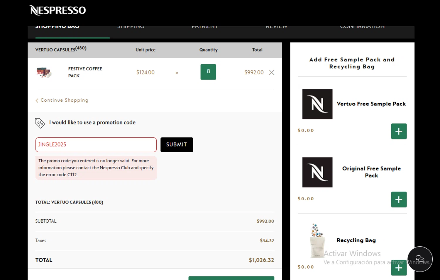 Nespresso promo code screenshot showing code JINGLE2025 applied at Nespresso checkout page. Uploaded by SimplyCodes community member Lestara_23 on Dec 22, 2025