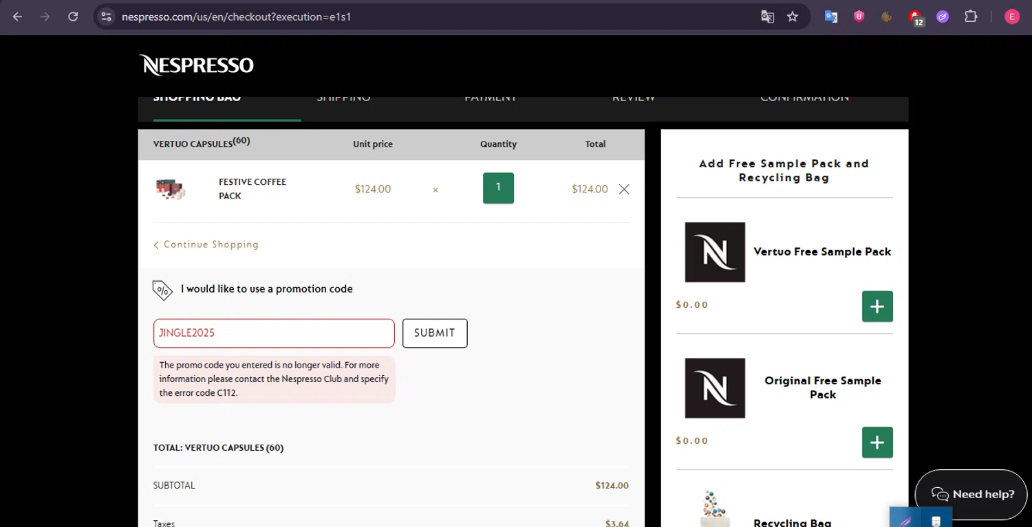 Nespresso promo code screenshot showing code JINGLE2025 applied at Nespresso checkout page. Uploaded by SimplyCodes community member MightyNavigator742 on Dec 22, 2025