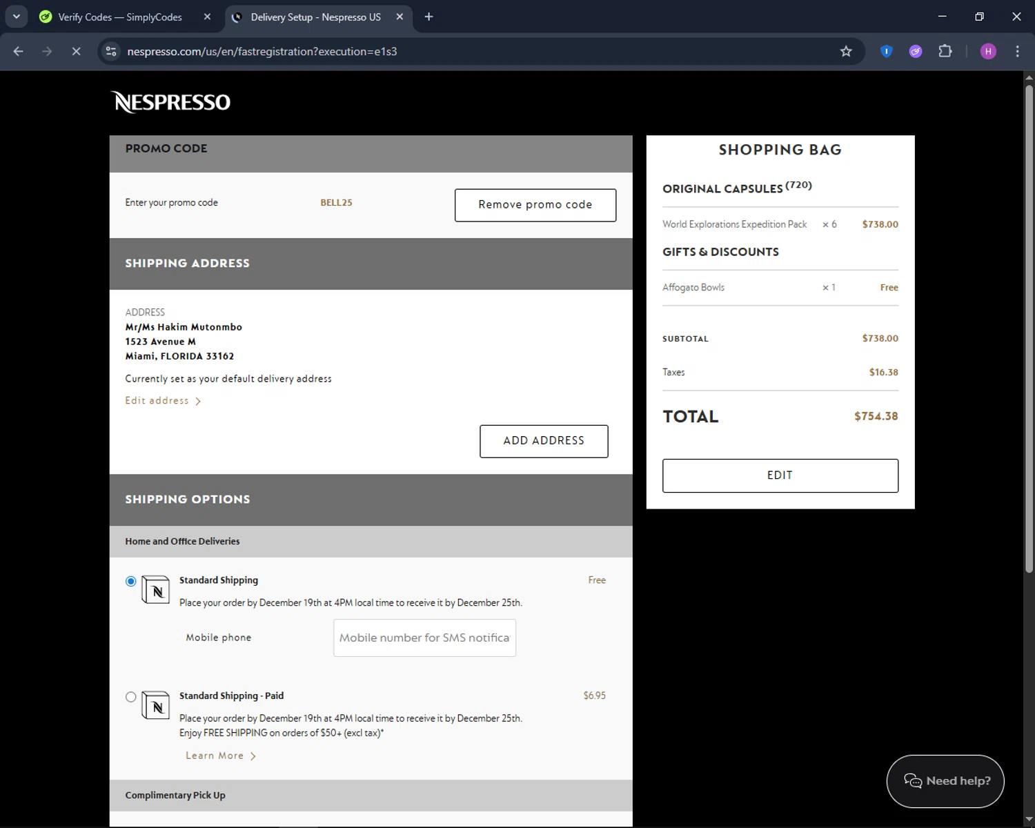Nespresso checkout page showing Nespresso promo code box | Screenshot taken by SimplyCodes community member on Dec 15, 2025