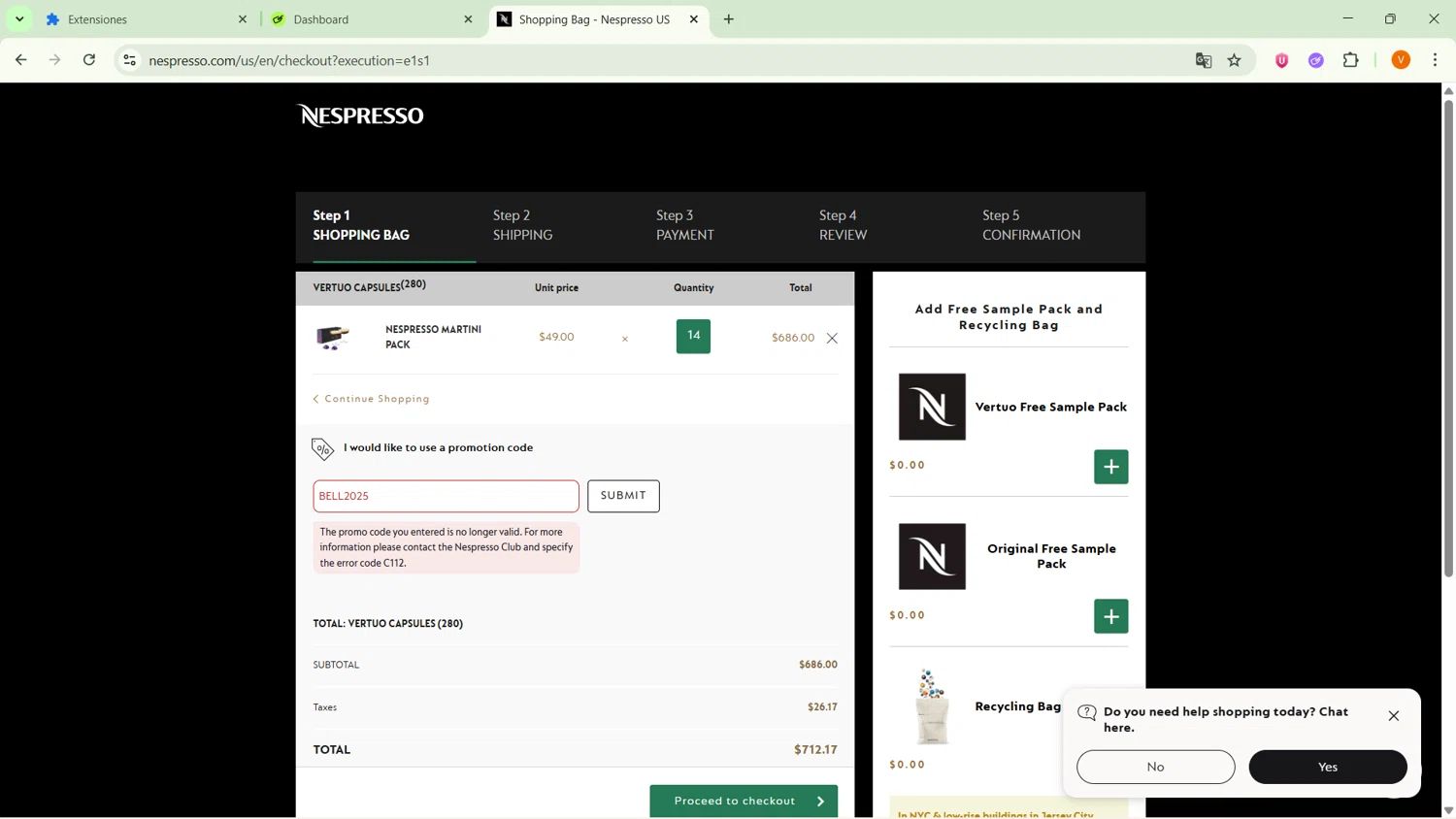 Nespresso promo code screenshot showing code BELL2025 applied at Nespresso checkout page. Uploaded by SimplyCodes community member ExtraordinarySaver9637 on Dec 26, 2025
