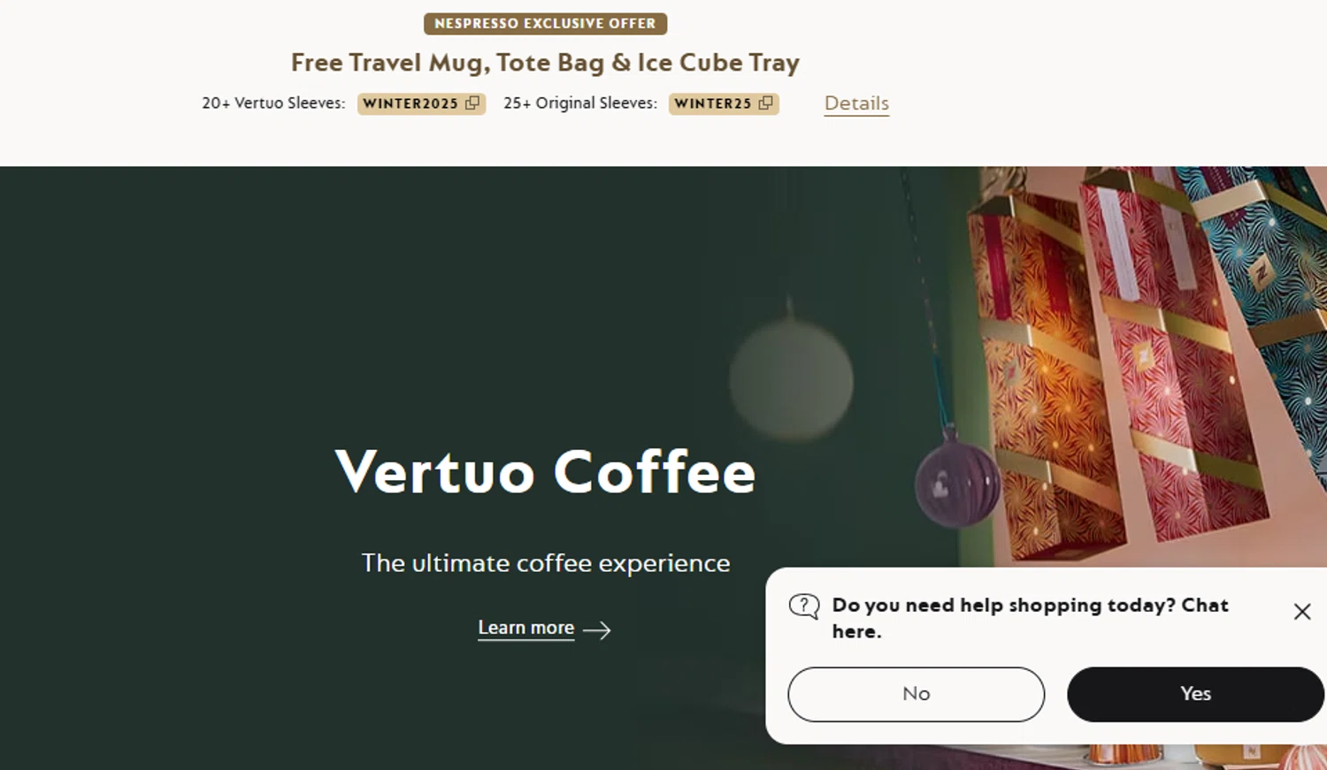 Nespresso promo code screenshot showing code WINTER2025 applied at Nespresso checkout page. Uploaded by SimplyCodes community member Blackmesa on Jan 5, 2026