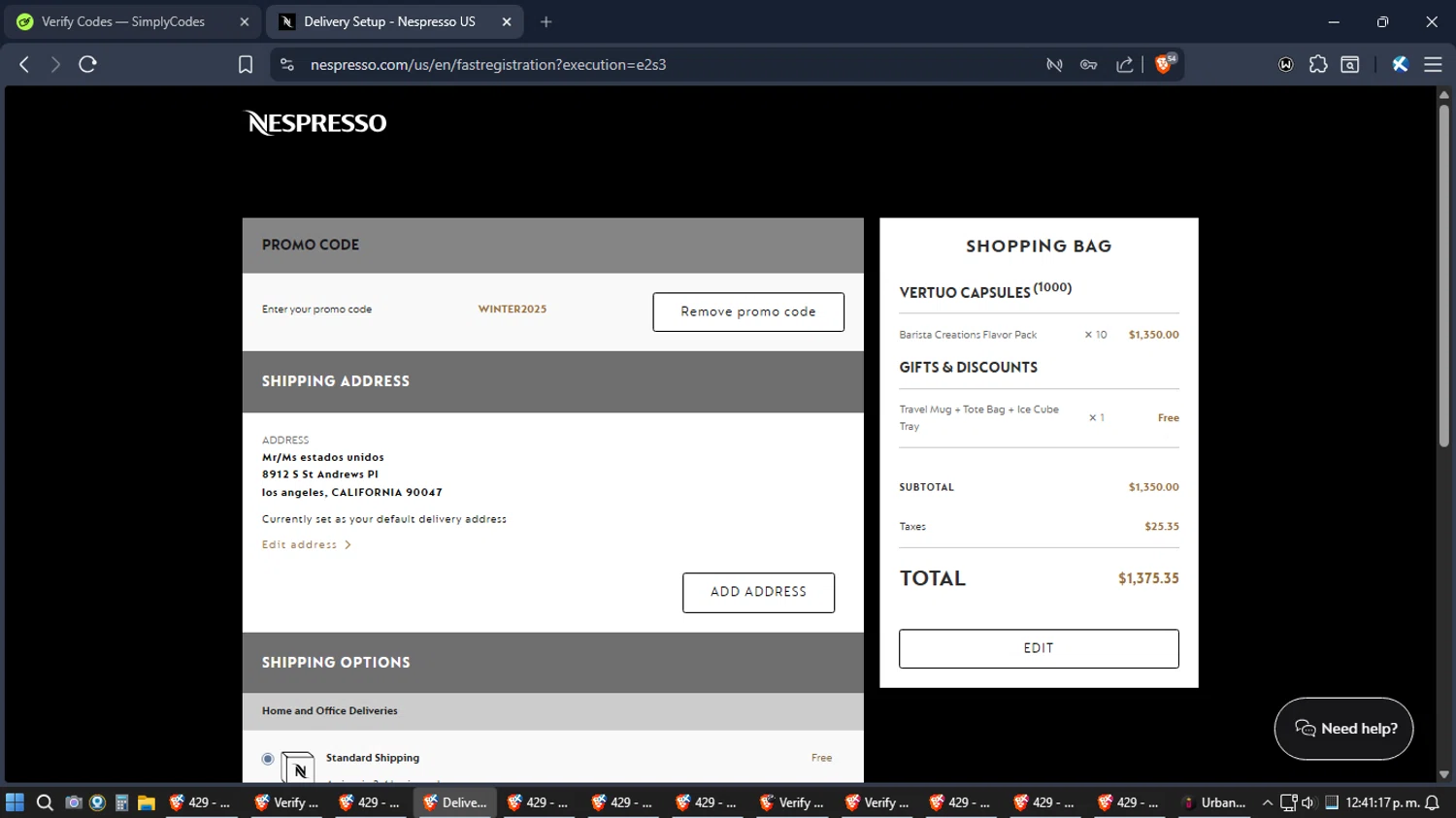 Nespresso checkout page showing Nespresso promo code box | Screenshot taken by SimplyCodes community member on Jan 14, 2026