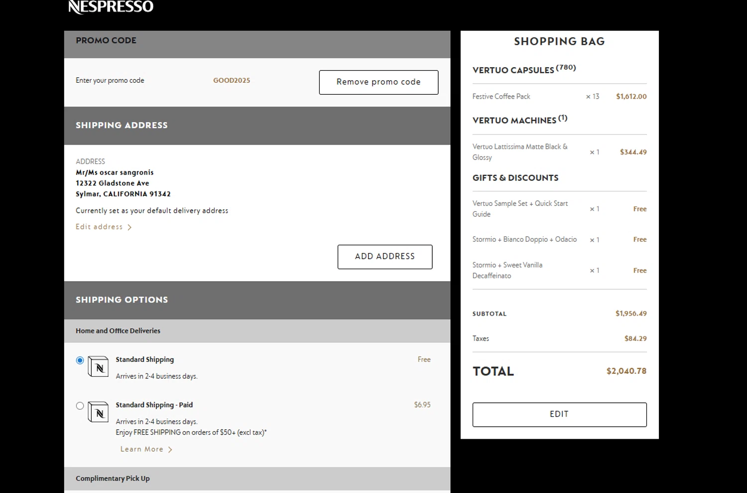 Nespresso checkout page showing Nespresso promo code box | Screenshot taken by SimplyCodes community member on Dec 26, 2025