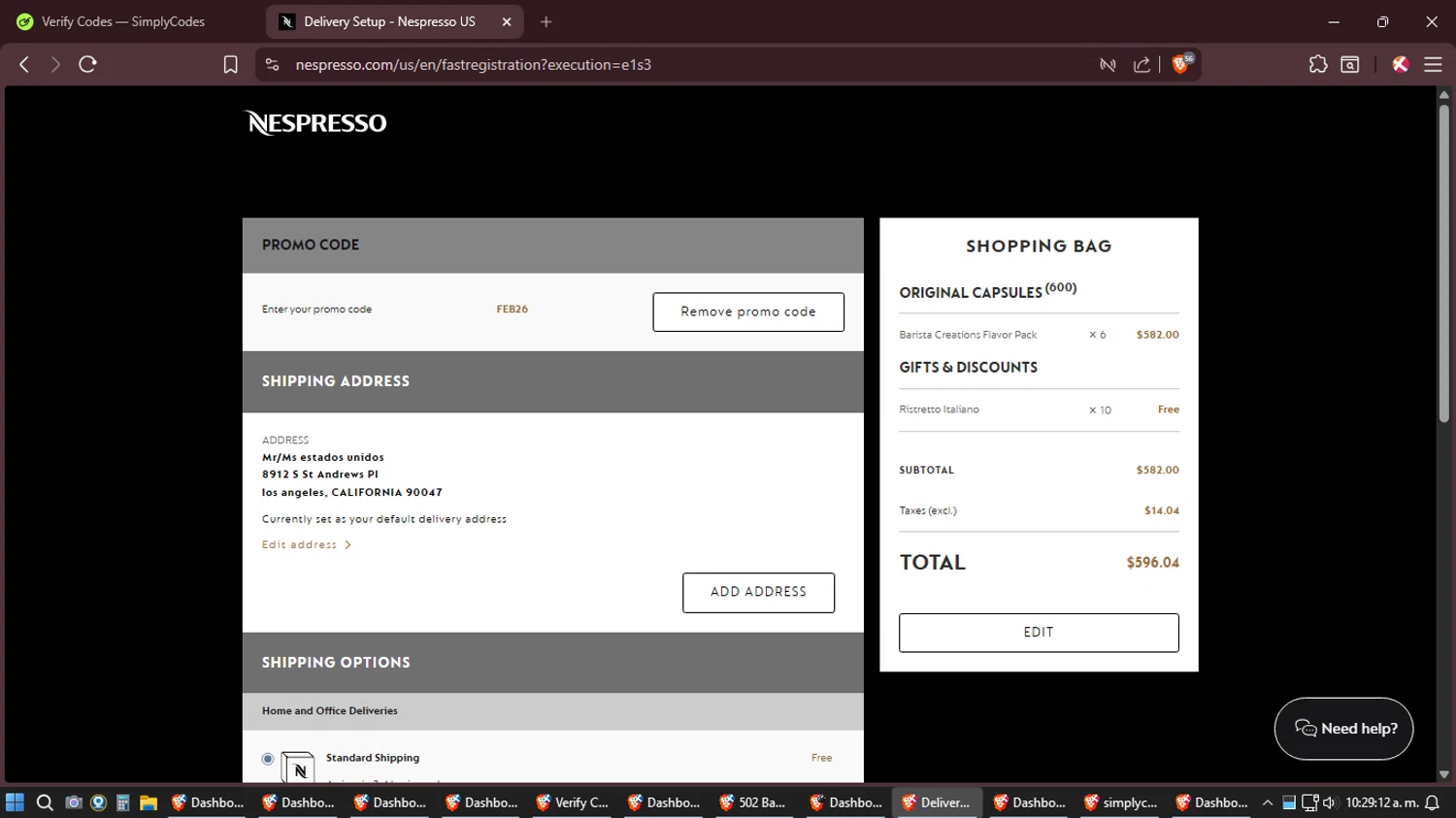 Nespresso promo code screenshot showing code FEB26 applied at Nespresso checkout page. Uploaded by SimplyCodes community member Shizuku on Feb 19, 2026