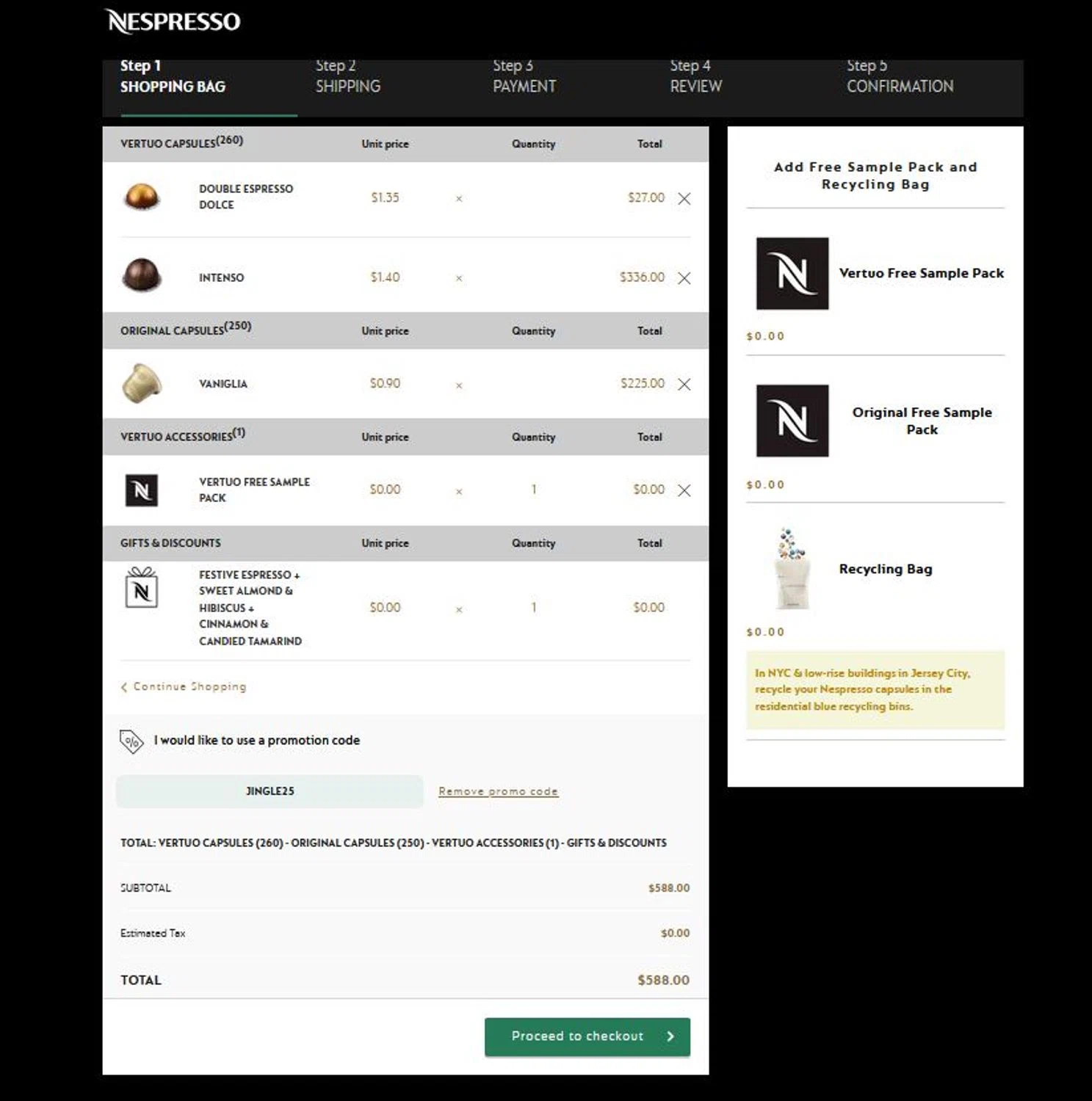 Nespresso promo code screenshot showing code JINGLE25 applied at Nespresso checkout page. Uploaded by SimplyCodes community member stygian1 on Dec 11, 2025