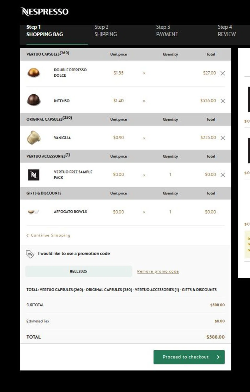 Nespresso promo code screenshot showing code BELL2025 applied at Nespresso checkout page. Uploaded by SimplyCodes community member stygian1 on Dec 15, 2025