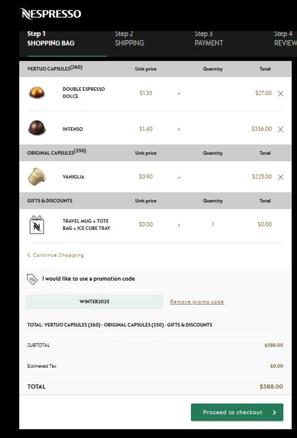 Nespresso promo code screenshot showing code WINTER2025 applied at Nespresso checkout page. Uploaded by SimplyCodes community member stygian1 on Dec 25, 2025