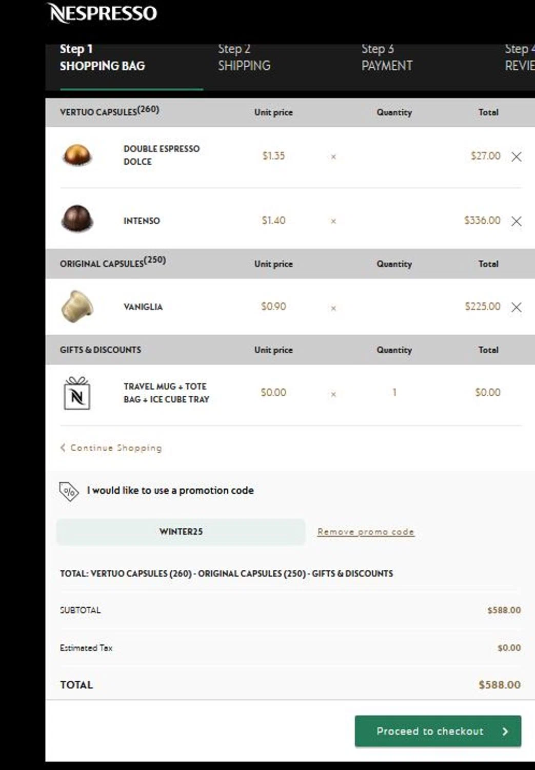 Nespresso promo code screenshot showing code WINTER25 applied at Nespresso checkout page. Uploaded by SimplyCodes community member stygian1 on Dec 25, 2025