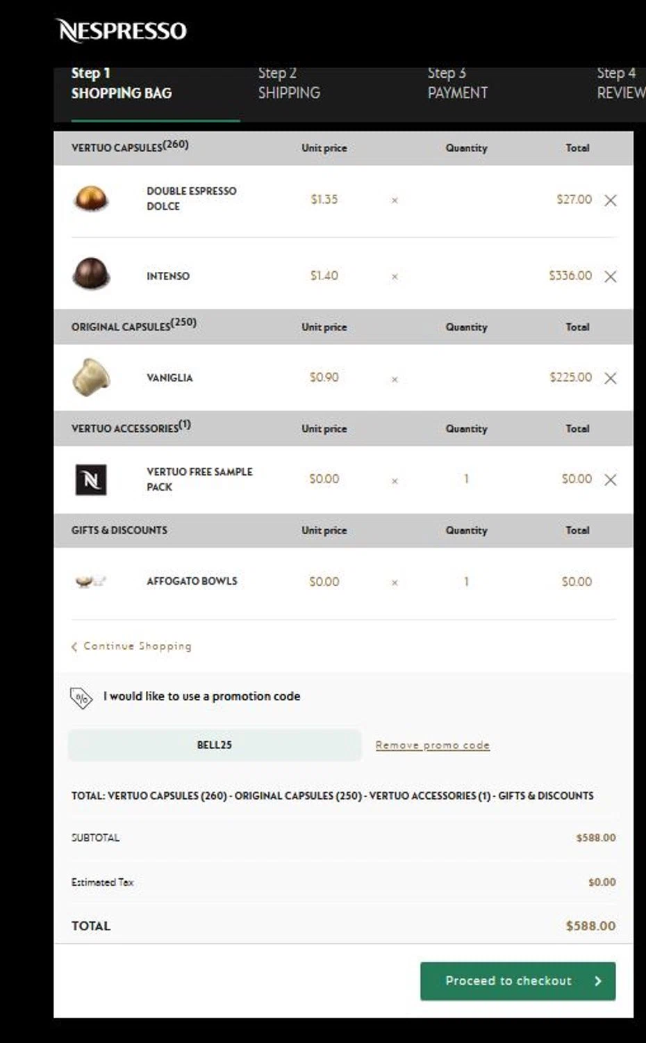 Nespresso promo code screenshot showing code BELL25 applied at Nespresso checkout page. Uploaded by SimplyCodes community member stygian1 on Dec 15, 2025